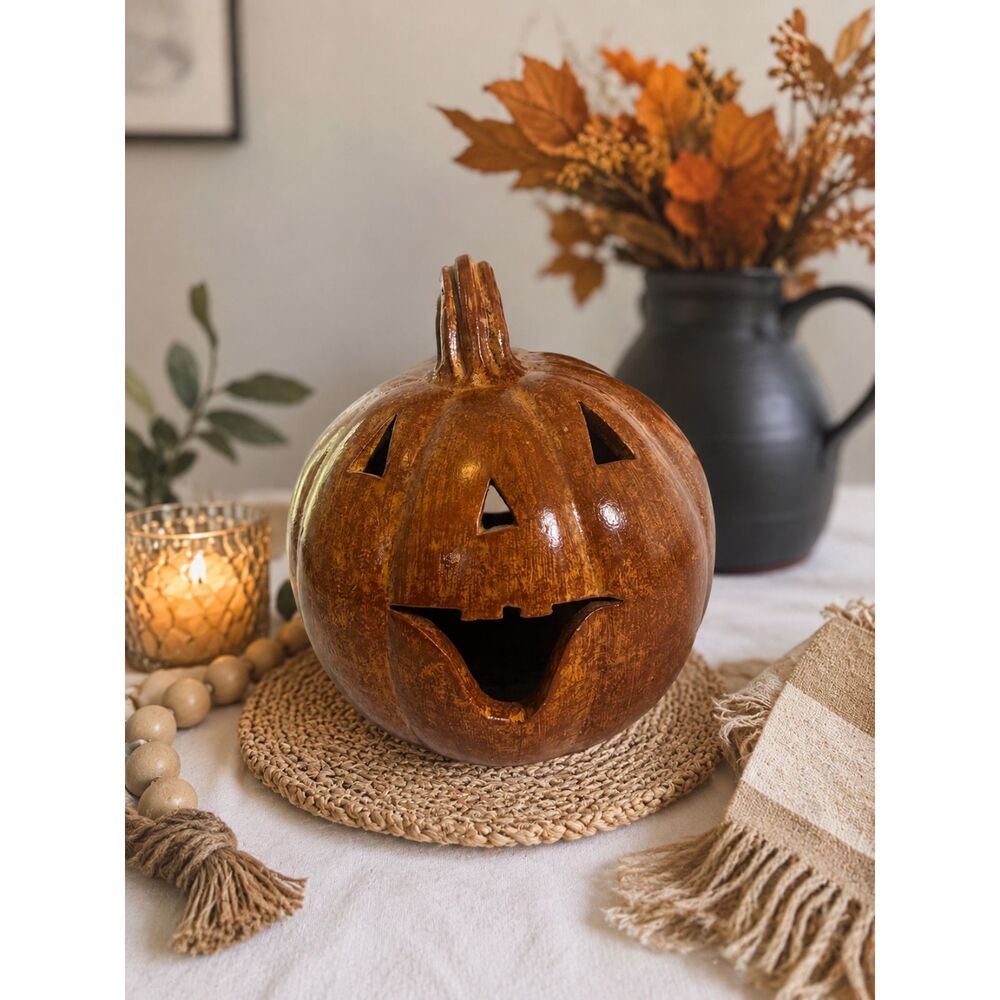 Large Ceramic Jack-O'-Lantern Pumpkin Candle Holder Halloween Decor | 6+ lbs